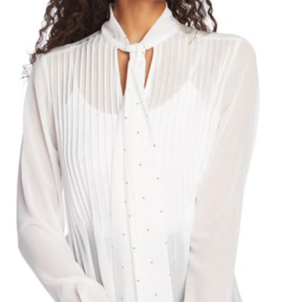 1.State Womens Pleated Tie Neck Top White